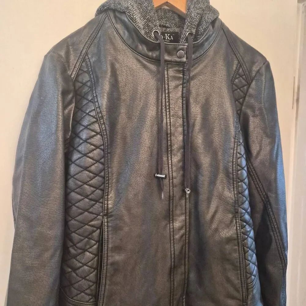 NWOT Mo-Ka Faux Leather Motorcycle Jacket Hooded Lined Double Zippered